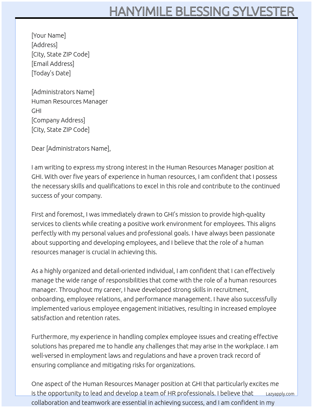 Human resources manager At GHI Cover Letter