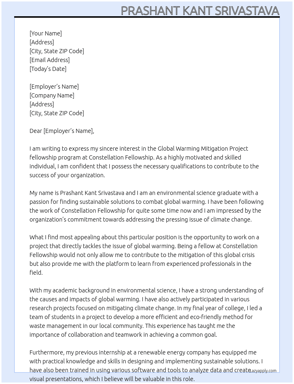 Fellow ship program  At Constellation fellowship  Cover Letter