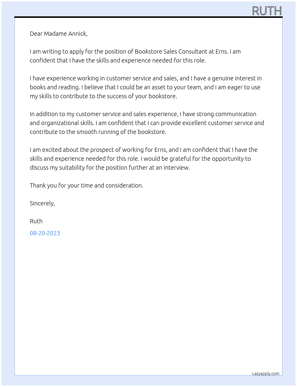 Bookstore sales consultant At Erns Cover Letter