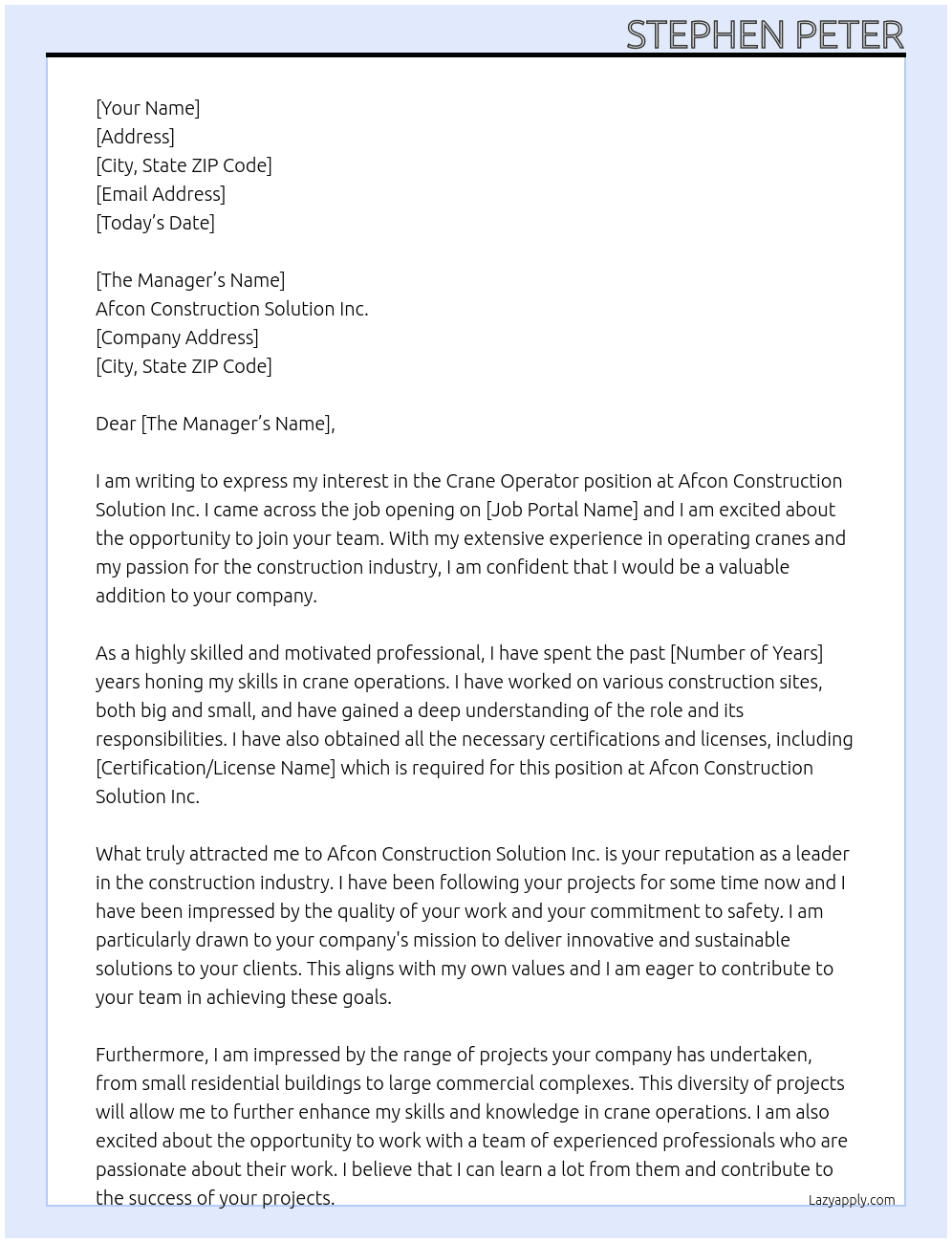 Crane operator At Afcon construction solution inc. Cover Letter