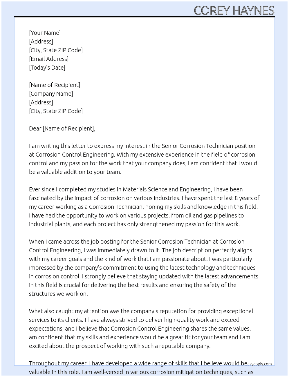 Senior Corrosion Technician At Corrosion Control Engineering Cover Letter