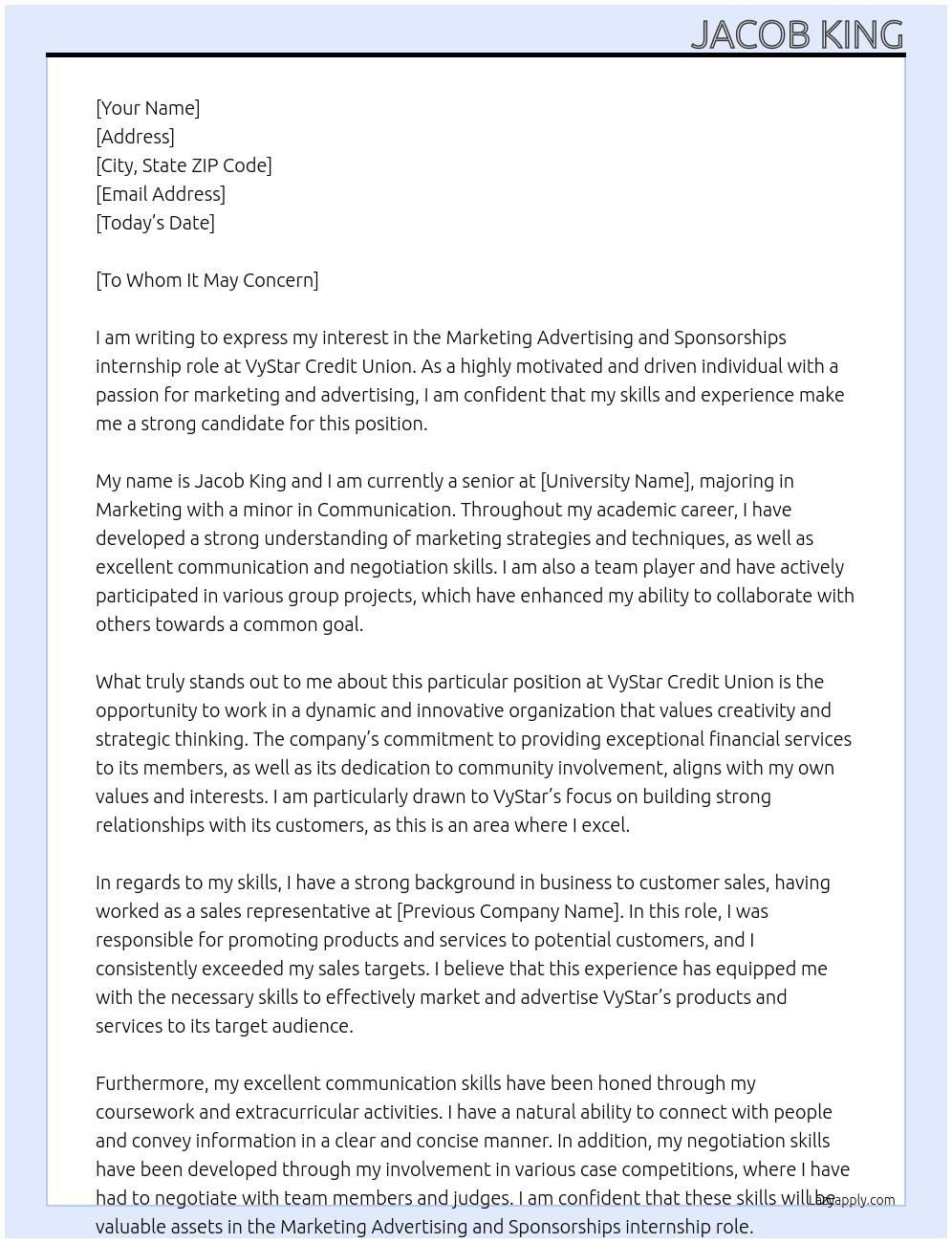  Marketing Advertising and Sponsorships At VyStar Credit Union Cover Letter