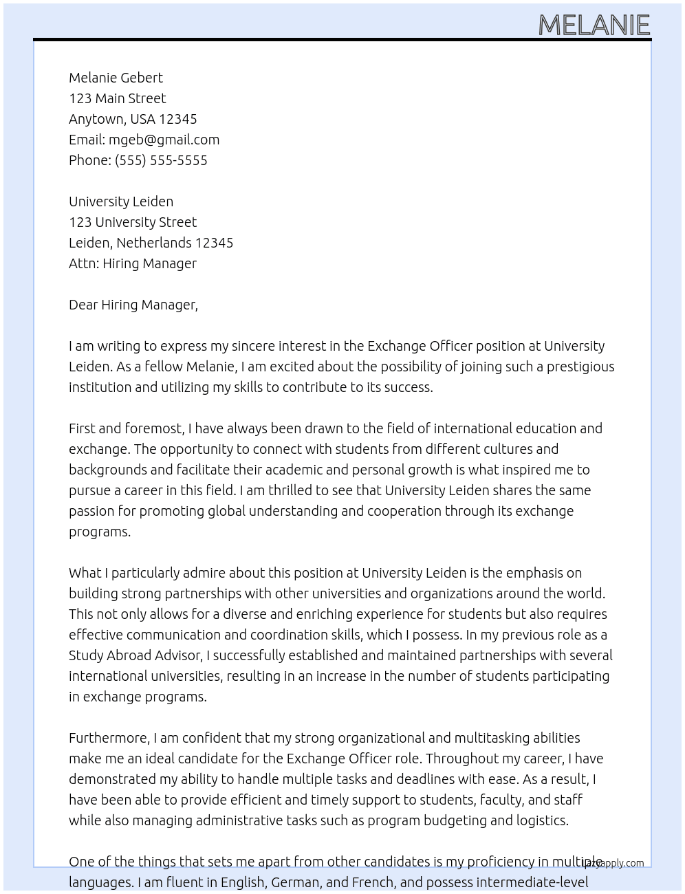 Exchange Officer At University Leiden  Cover Letter
