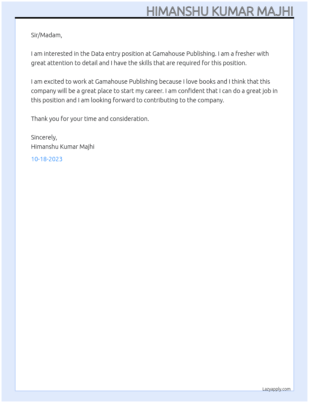Data entry At Gamahouse Publishing Cover Letter