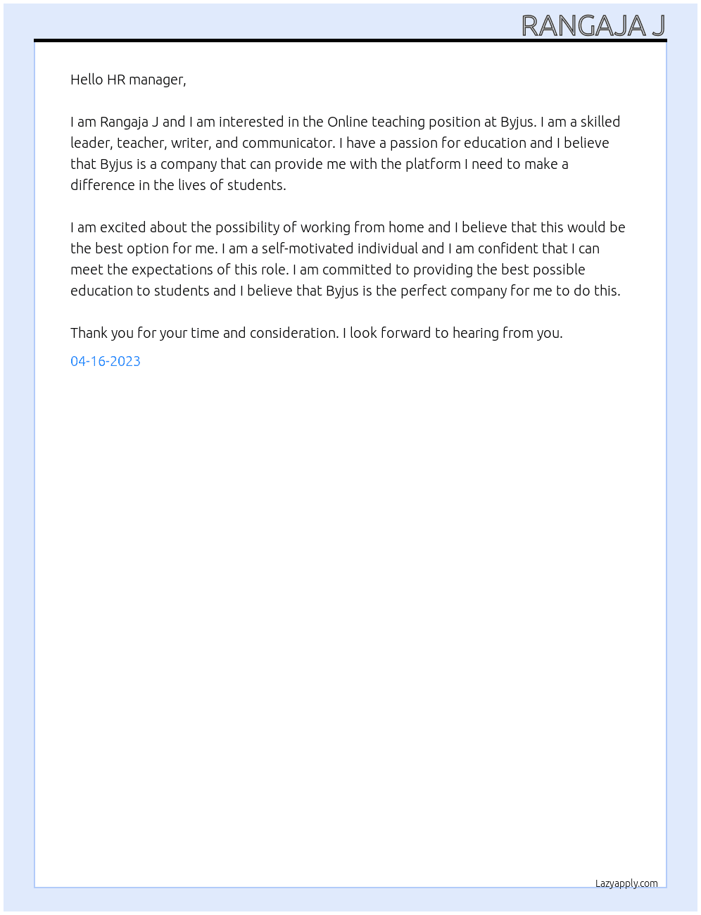 Online teaching At Byjus  Cover Letter