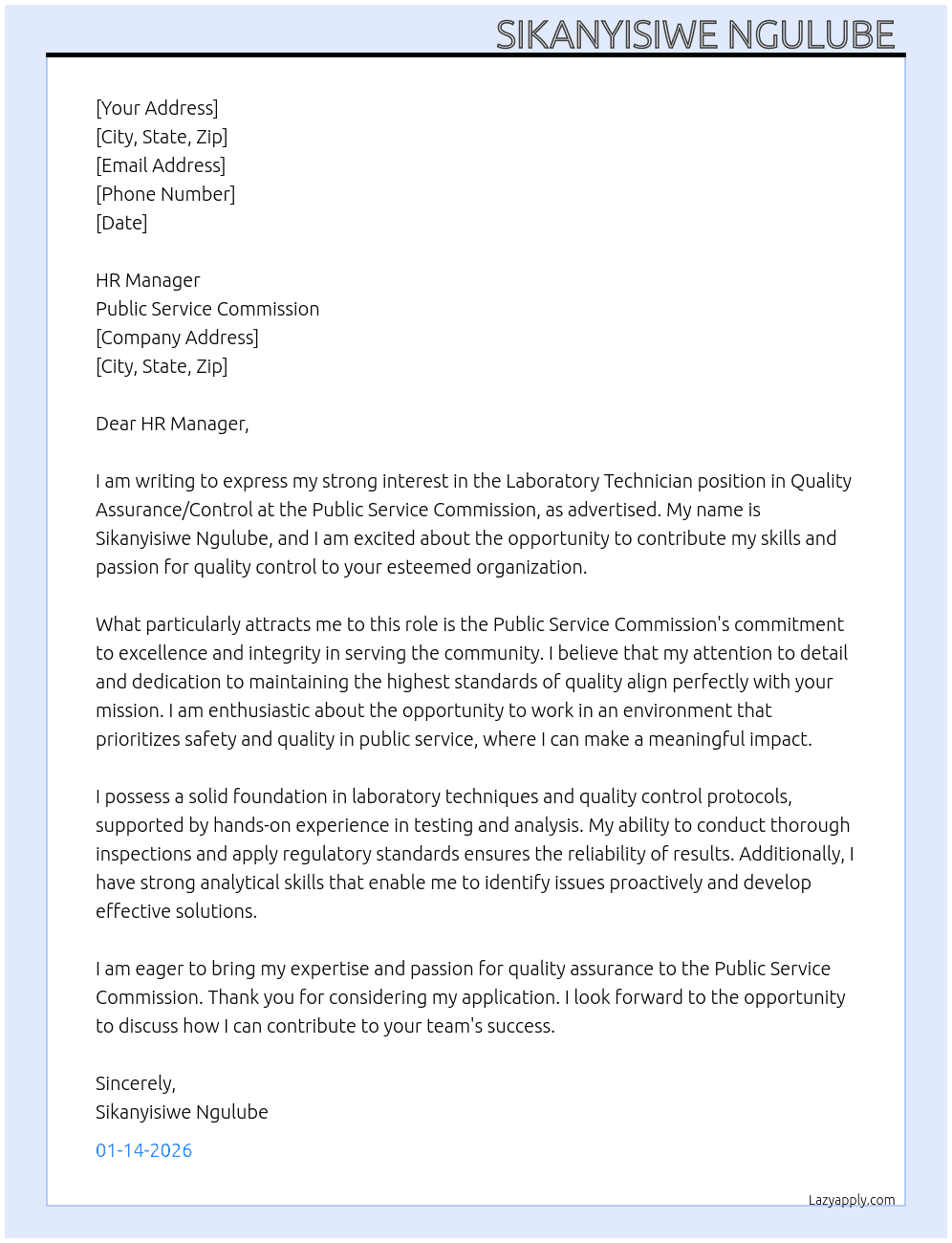 Laboratory technician, Quality Assurance/Control At Public Service Commission  Cover Letter