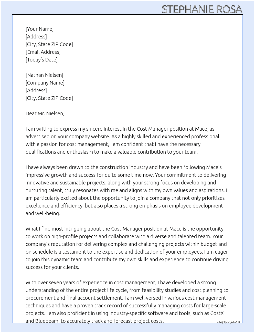 Cost Manager At Mace Cover Letter