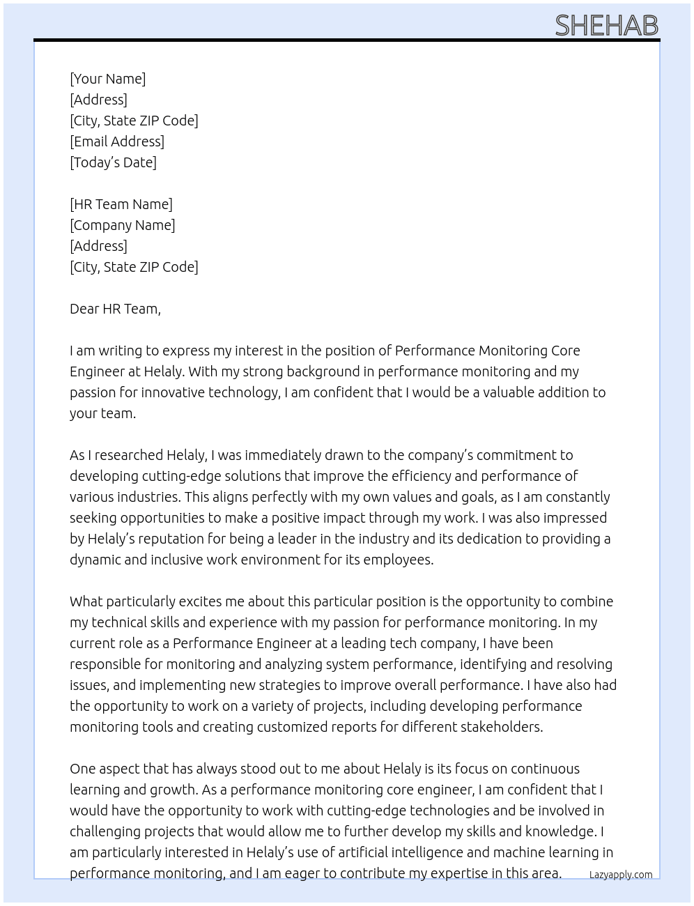  Performance Monitoring Core Engineer At helaly Cover Letter