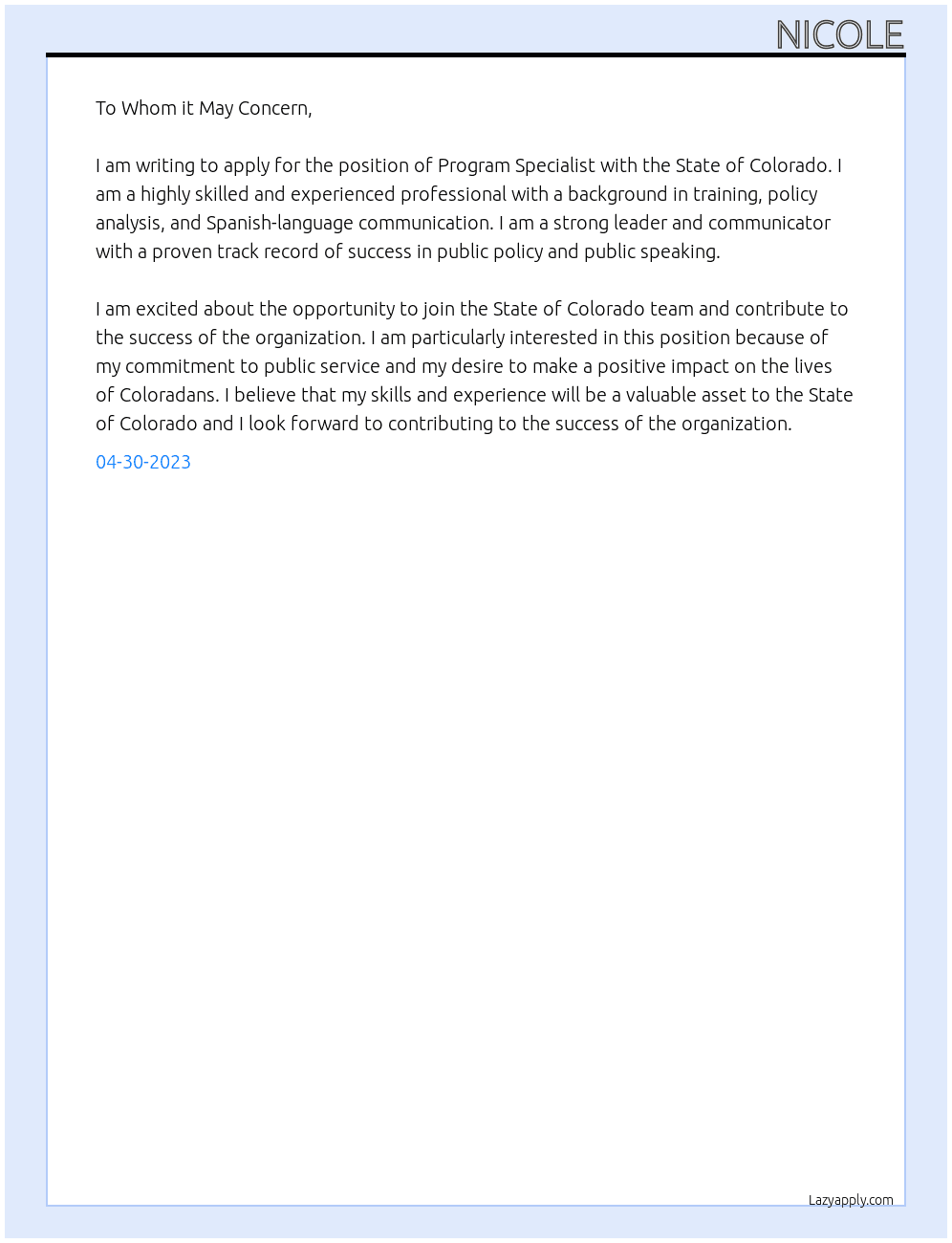 Program Specialist At State of Colorado Cover Letter
