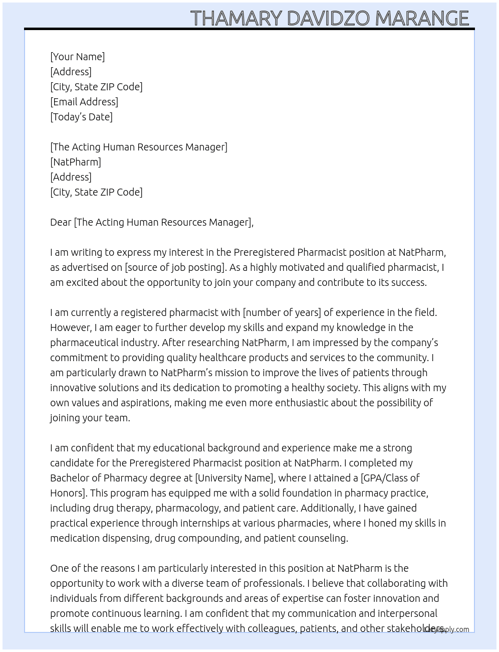 Preregistered Pharmacist  At NatPharm  Cover Letter