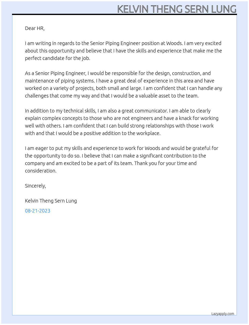 Senior Piping Engineer At Woods Cover Letter