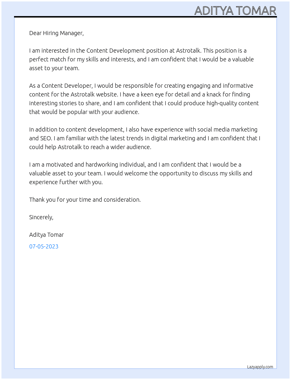 Content Development At Astrotalk Cover Letter