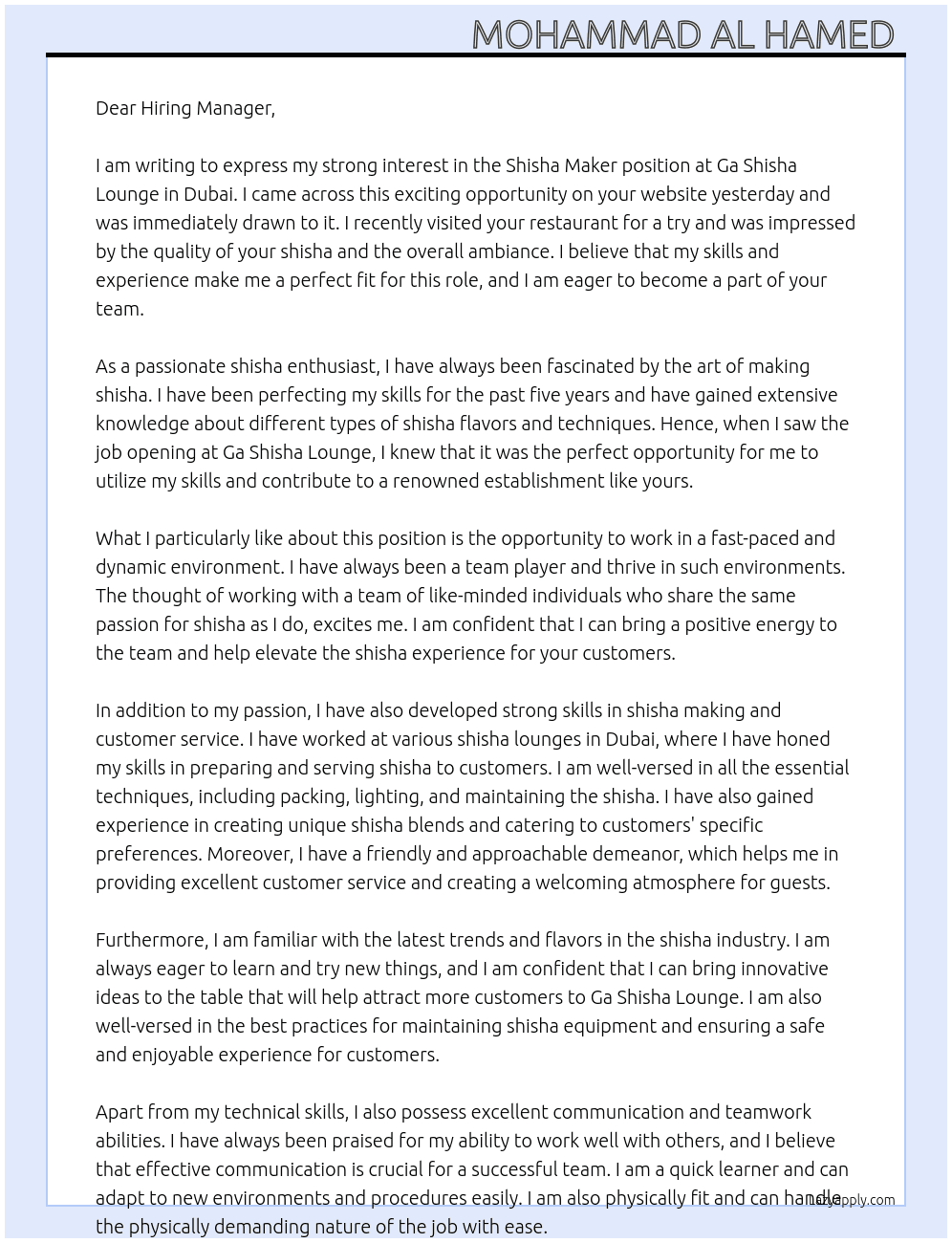 Shisha Maker  At Ga shisha lounge  Cover Letter
