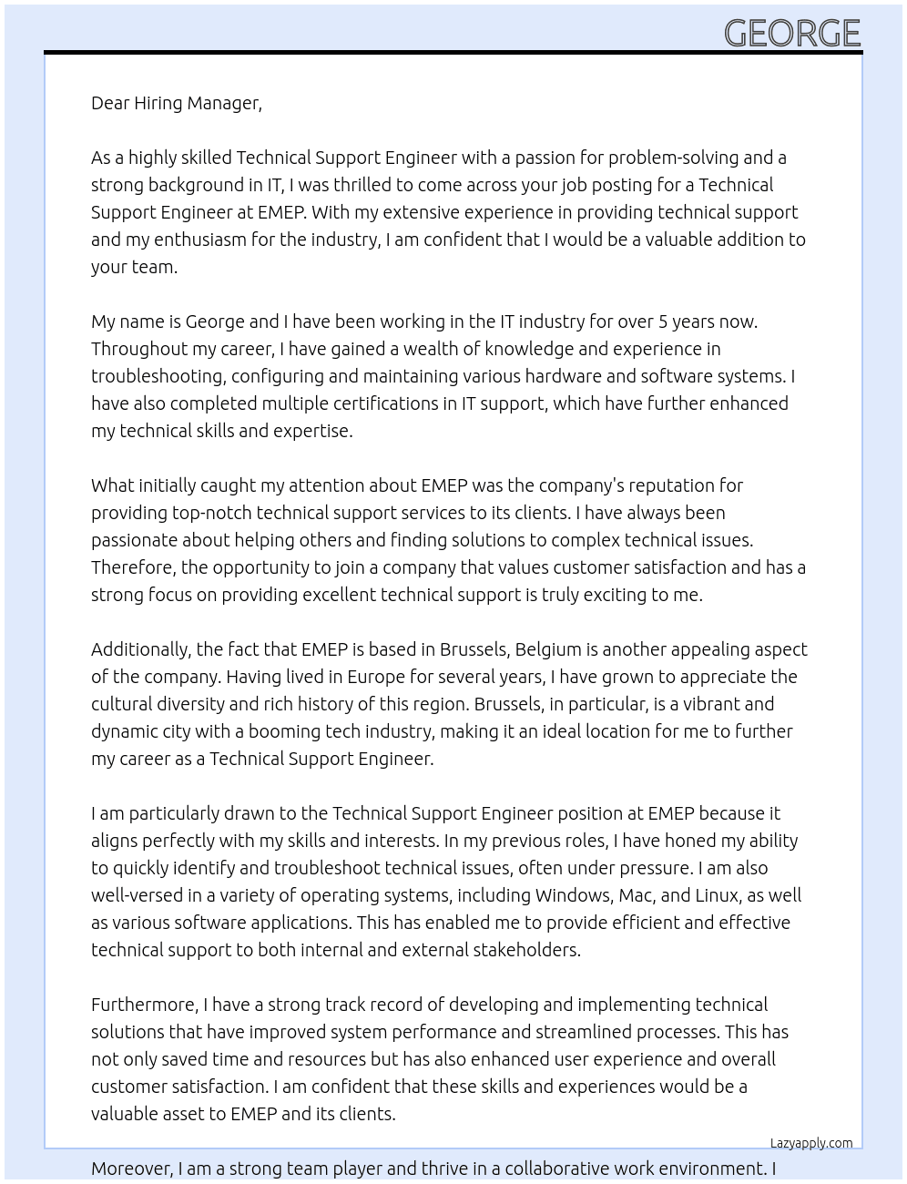 Technical Support Engineer At EMEP Cover Letter