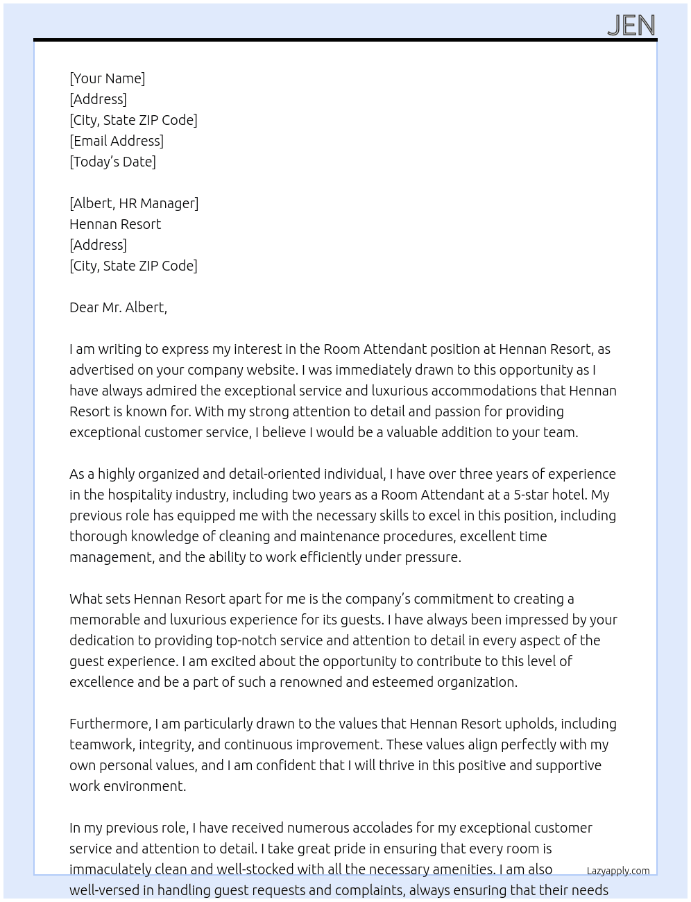 Room Attendant  At Hennan Resort Cover Letter