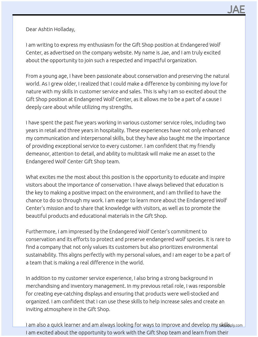 Gift Shop  At Endangered Wolf Center Cover Letter