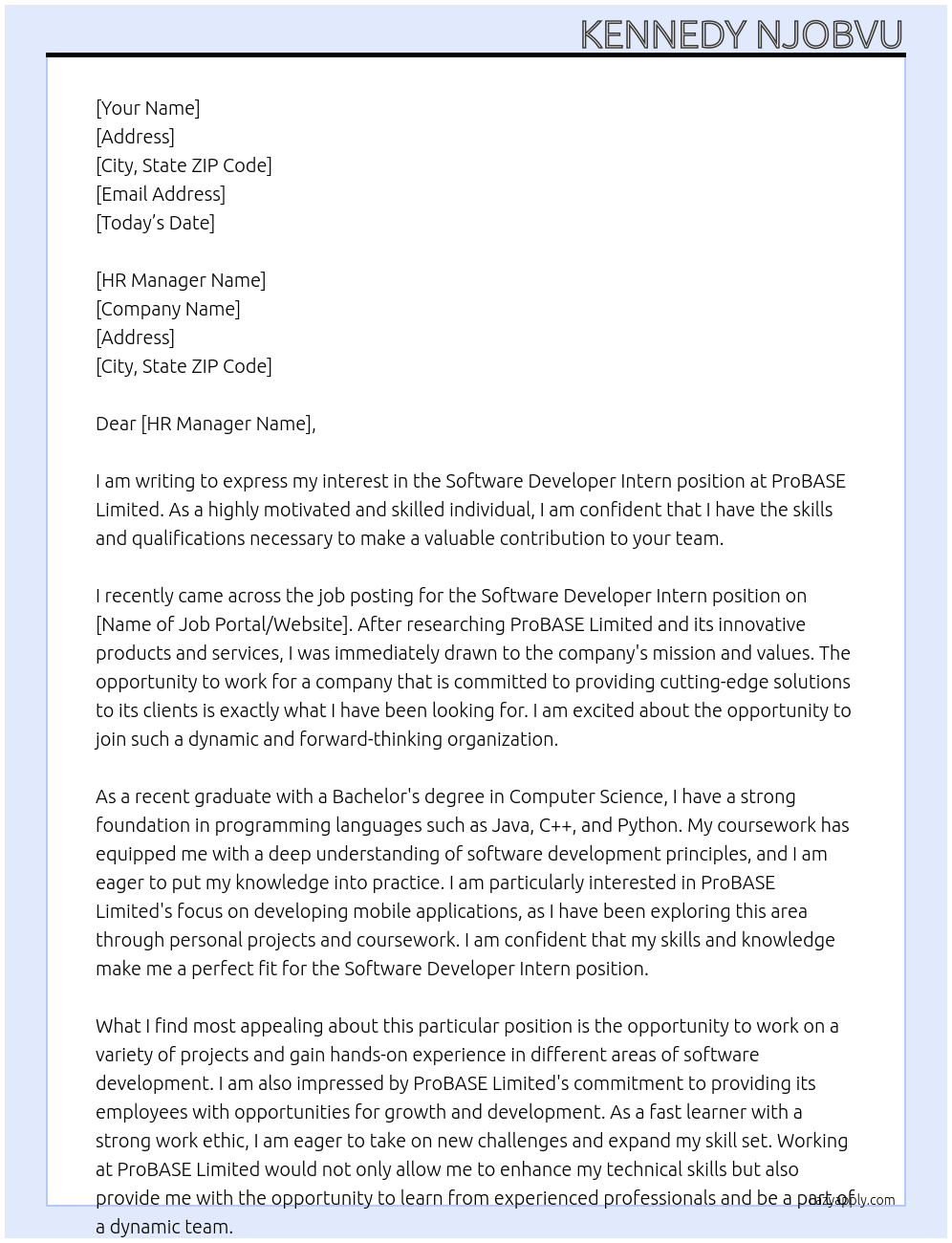 Software Developer Intern At ProBASE Limited Cover Letter