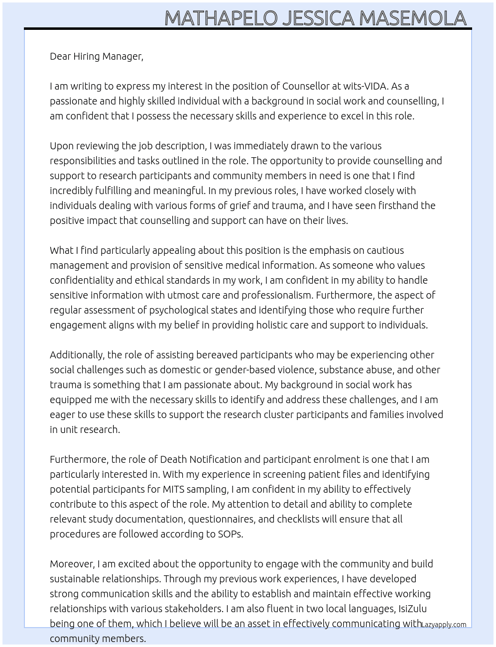 Counsellor At wits-VIDA Cover Letter