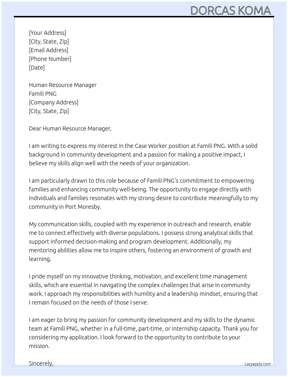 Case Worker  At Famili PNG Cover Letter