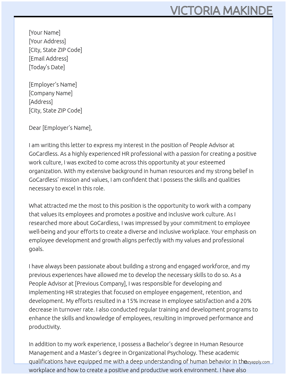 People Advisor At GoCardless Cover Letter