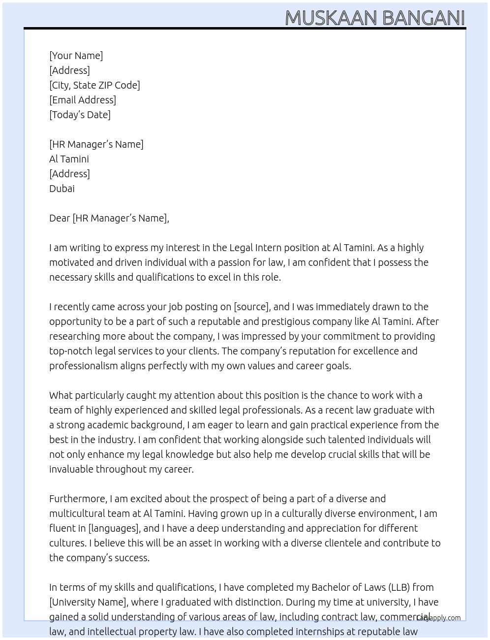 Legal intern  At Al tamini,Dubai  Cover Letter