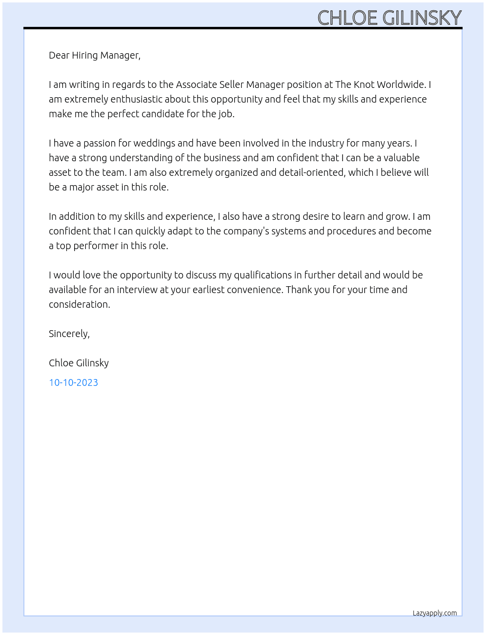 Associate Seller Manager At The Knot Worldwide Cover Letter