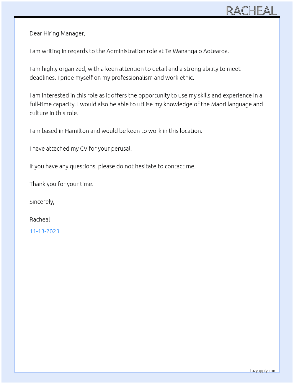 Administration  At Te Wananga o Aotearoa Cover Letter