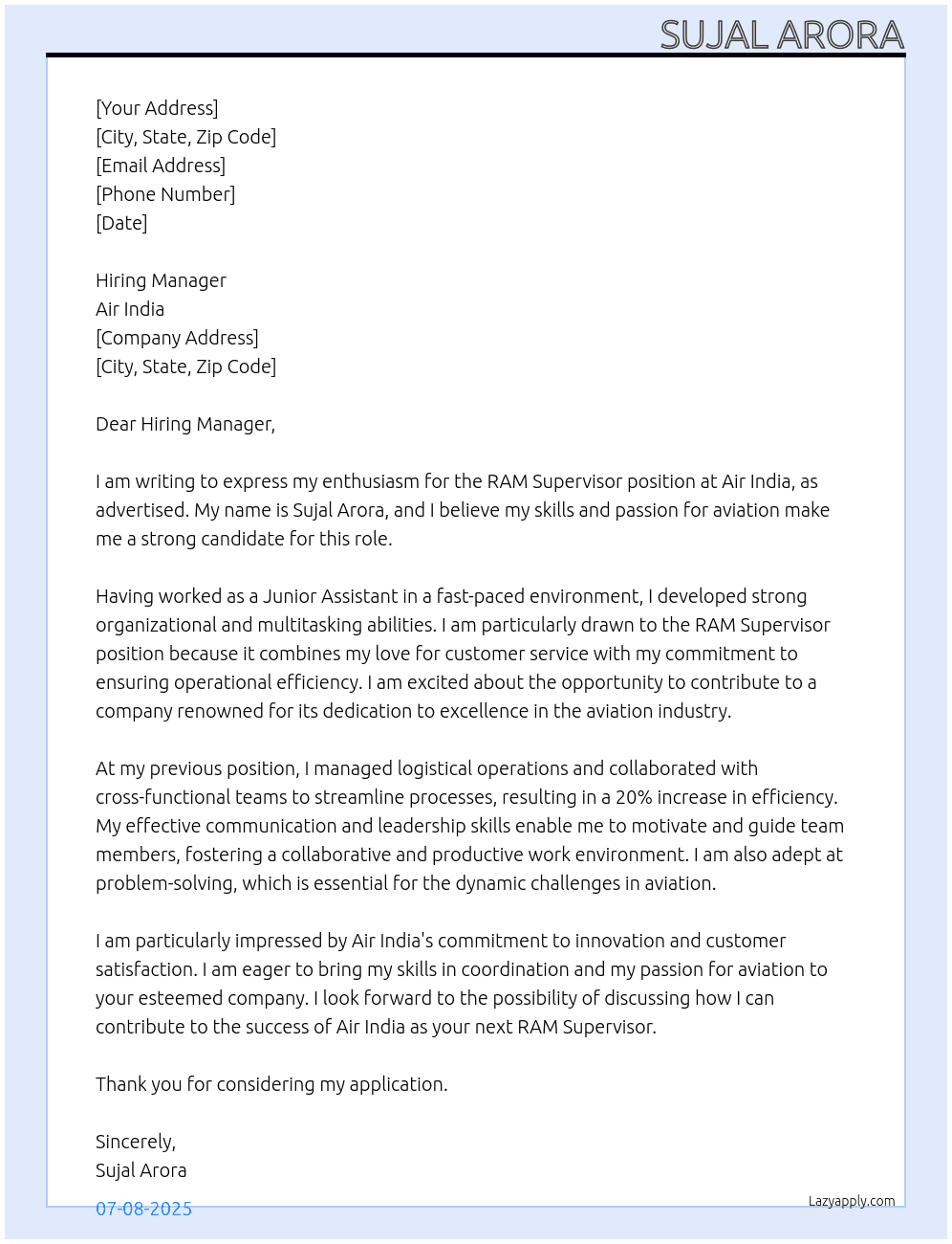Cover letter for ram supervisor - LazyApply