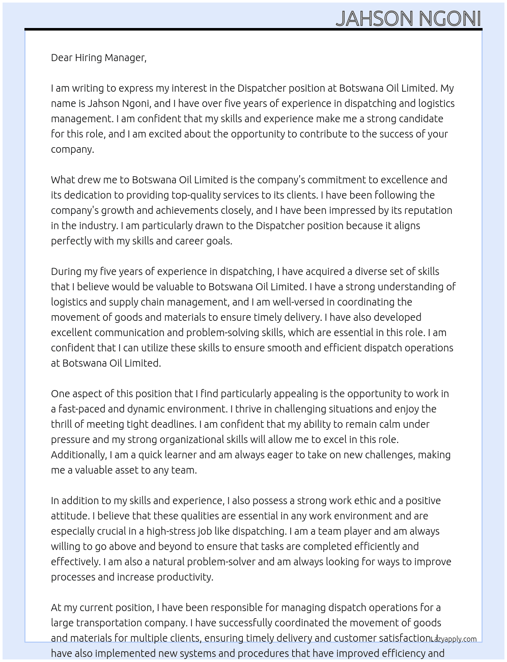 DISPATCHER At BOTSWANA OIL LIMITED Cover Letter