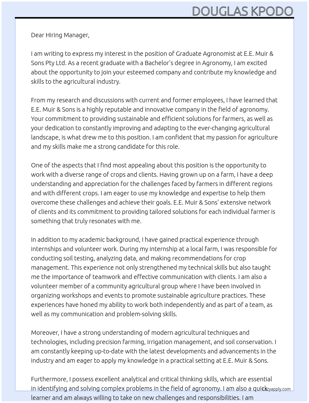 Cover letter for graduate agronomist - LazyApply