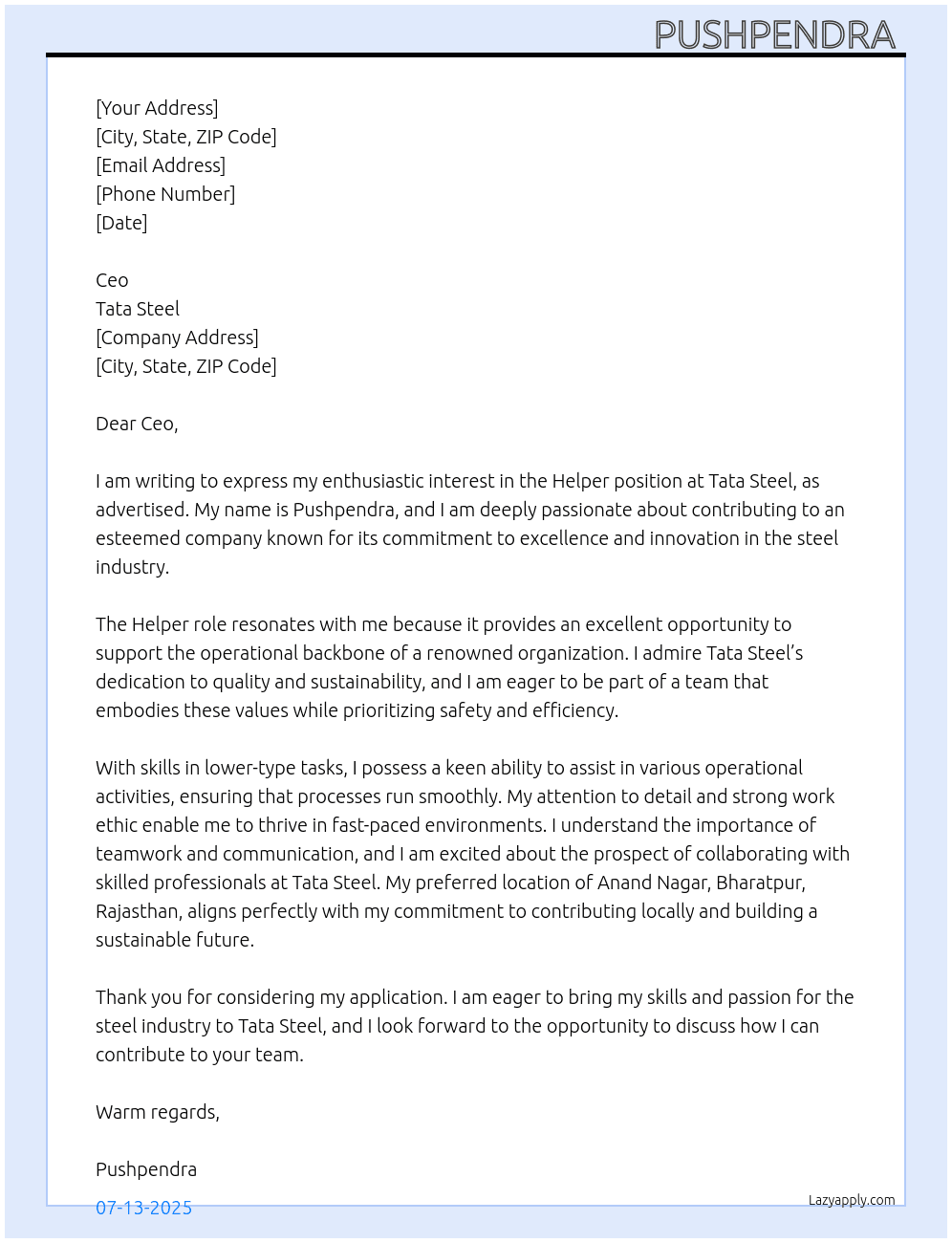 Helper  At Tata steel Cover Letter