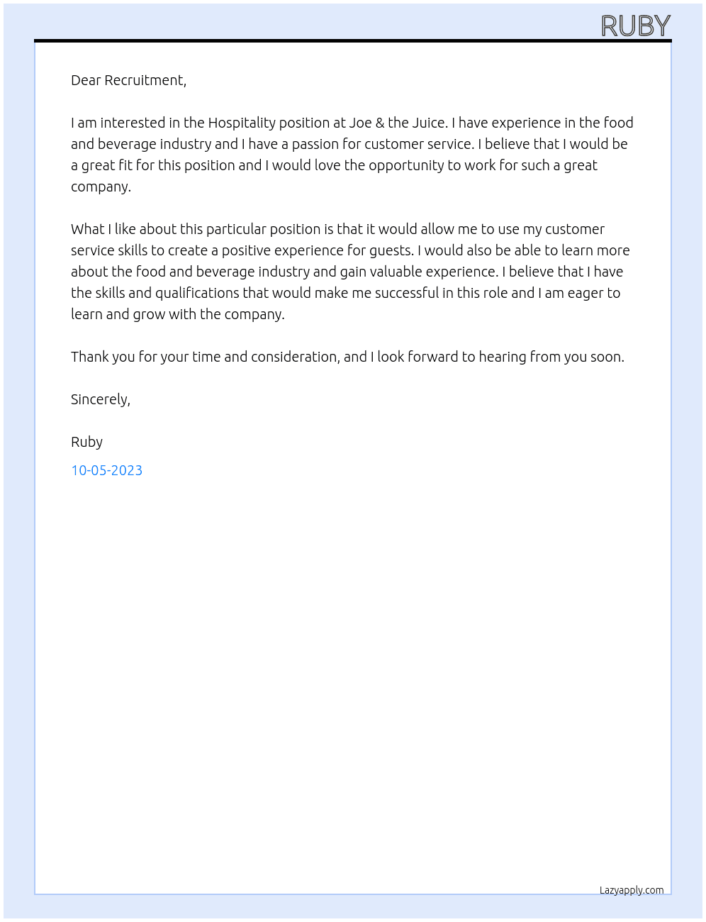 Hospitality  At Joe & the juice Cover Letter
