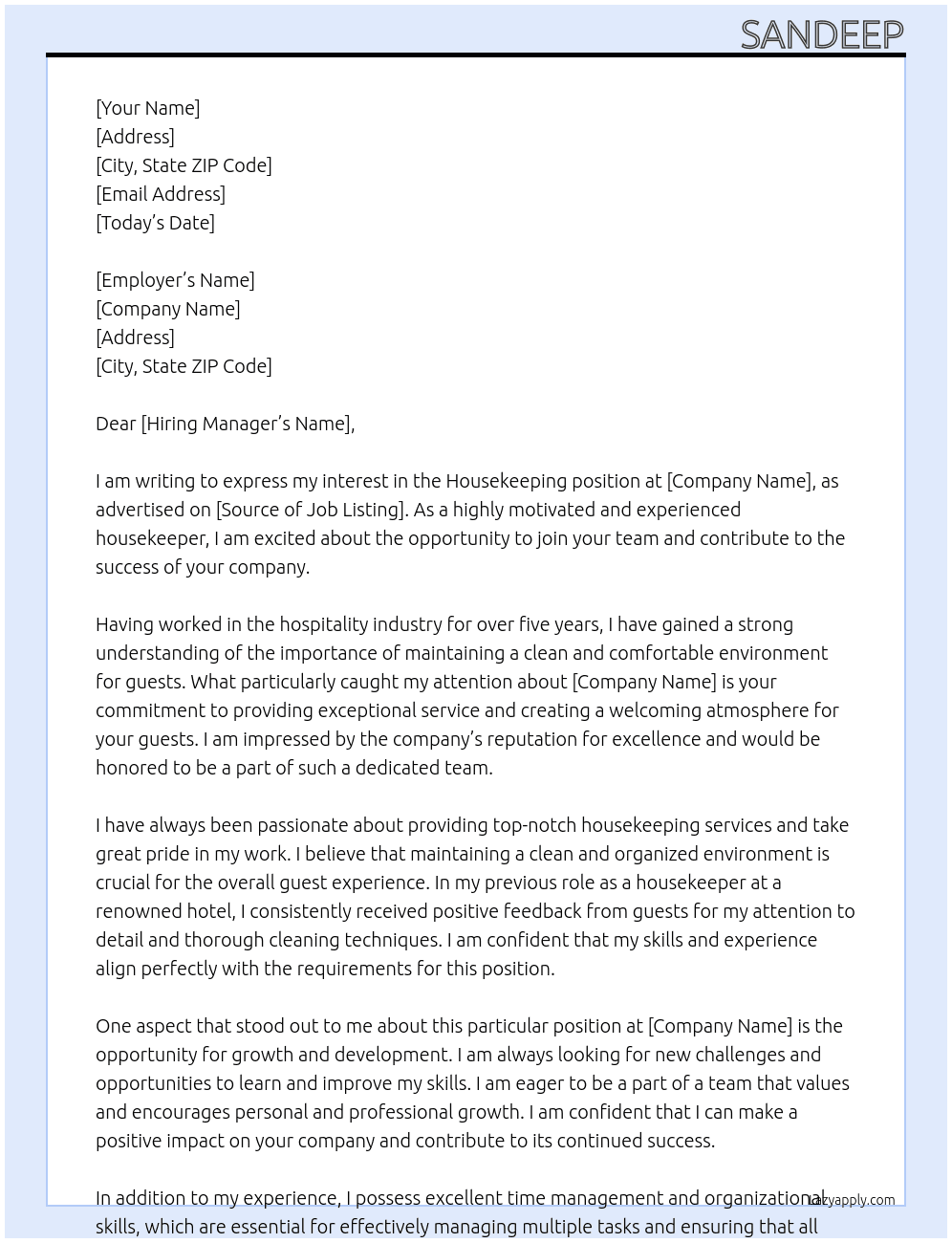house keeping At House keeping Cover Letter