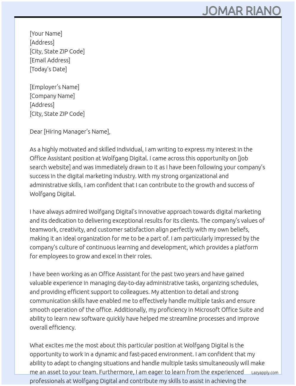 Office Assistant At Wolfgang Digital Cover Letter