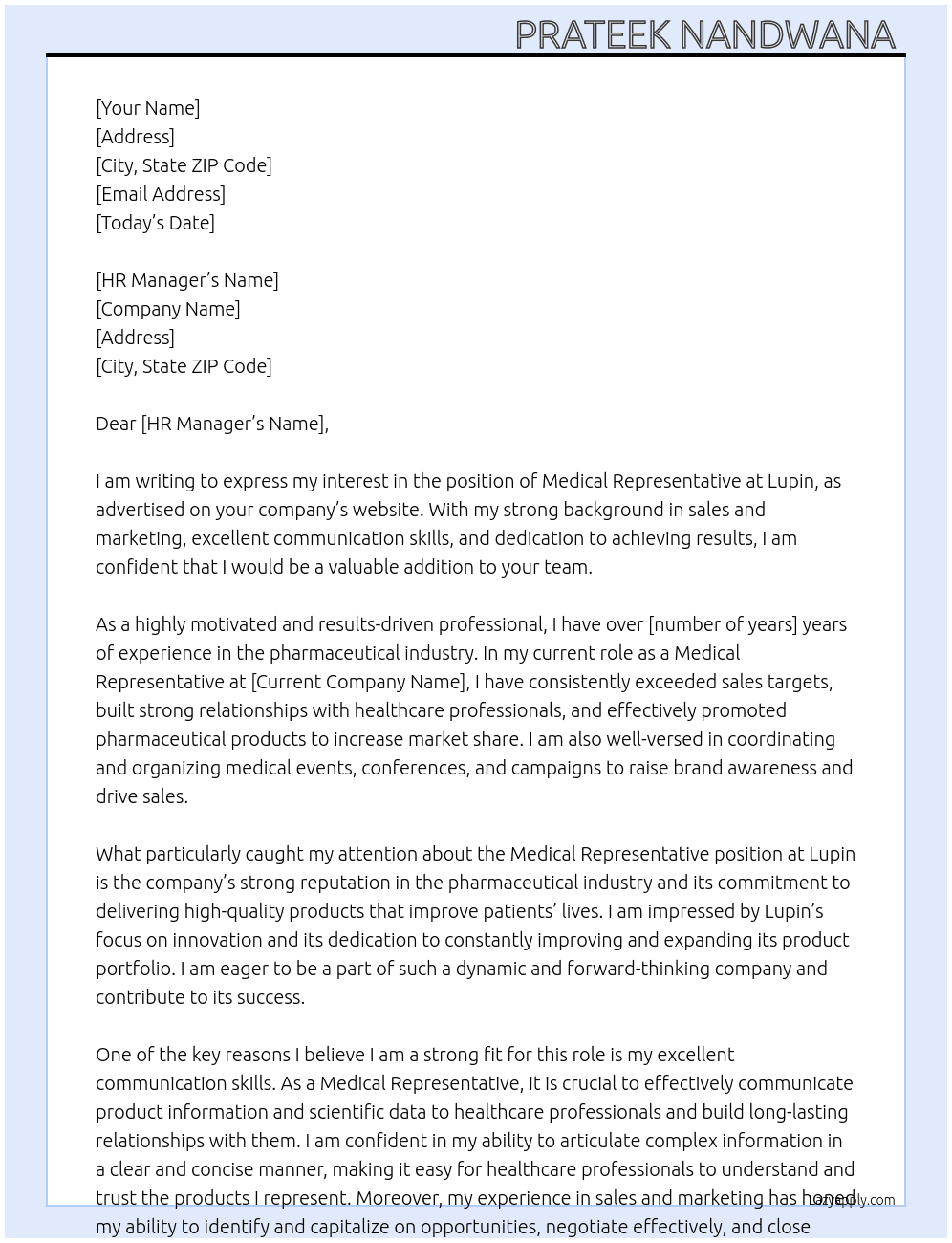 Medical Representative  At Lupin  Cover Letter