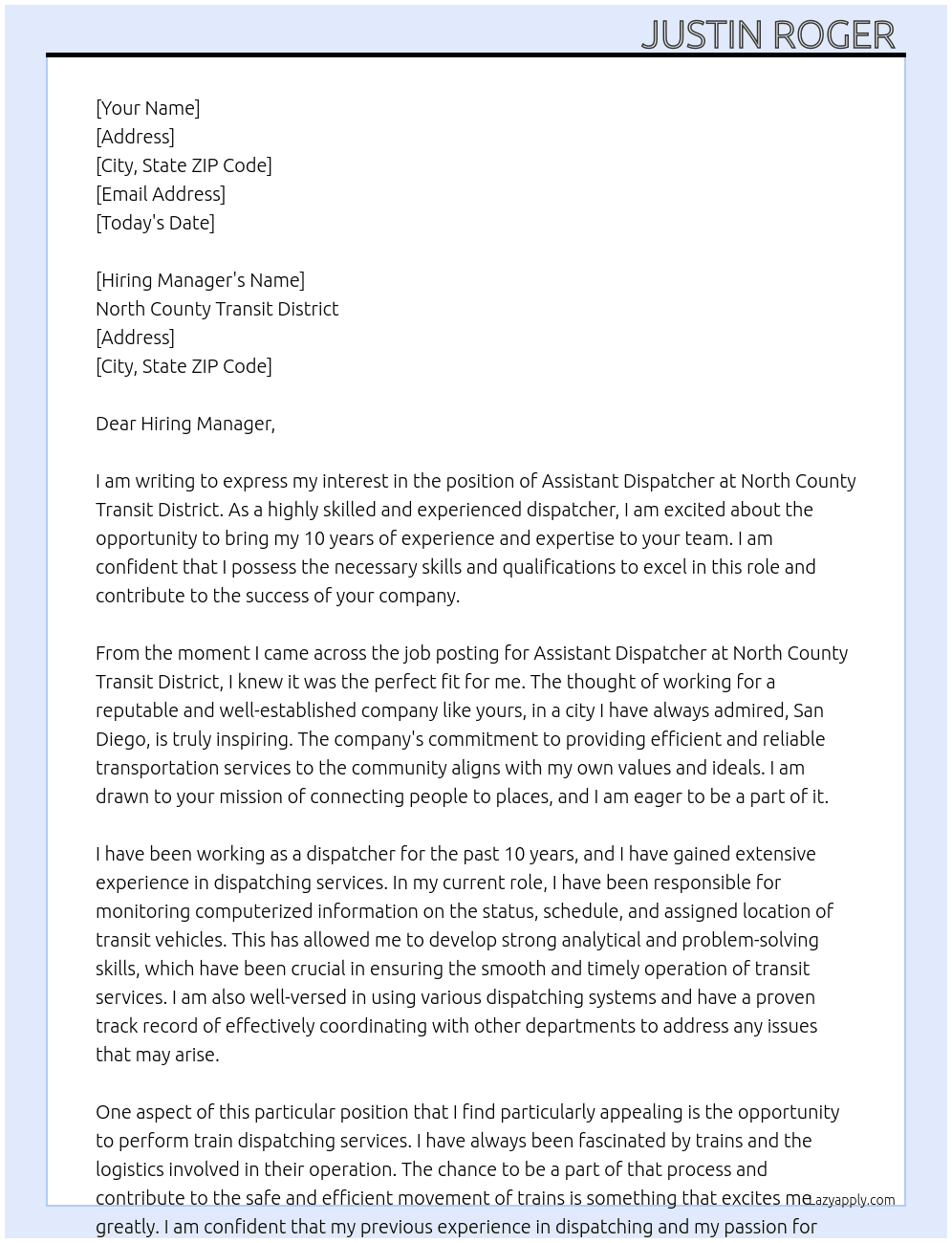 Assistant Dispatcher  At North County Transit District  Cover Letter