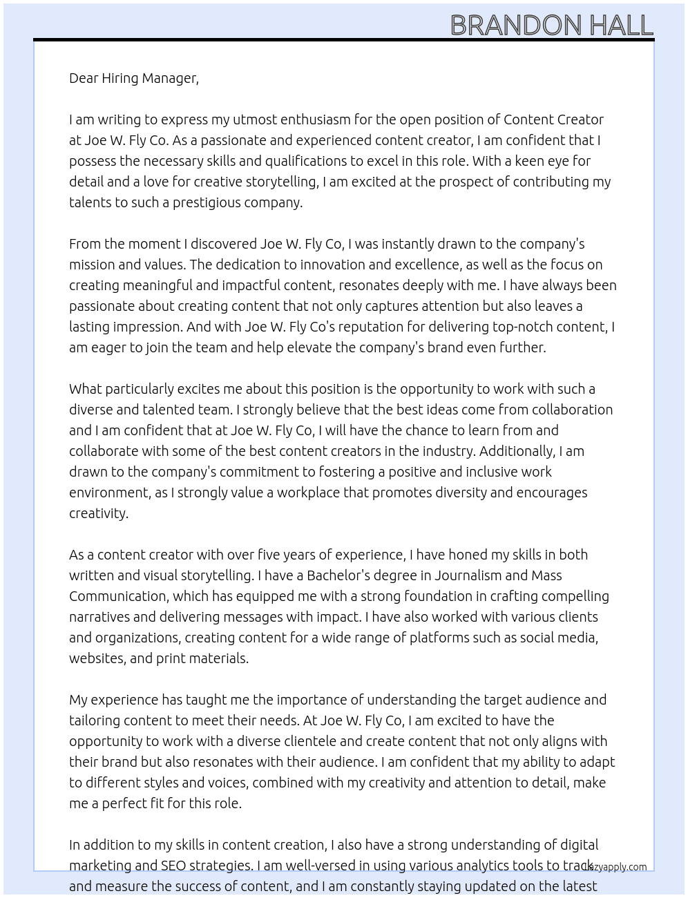 Content Creator At Joe W. Fly Co Cover Letter