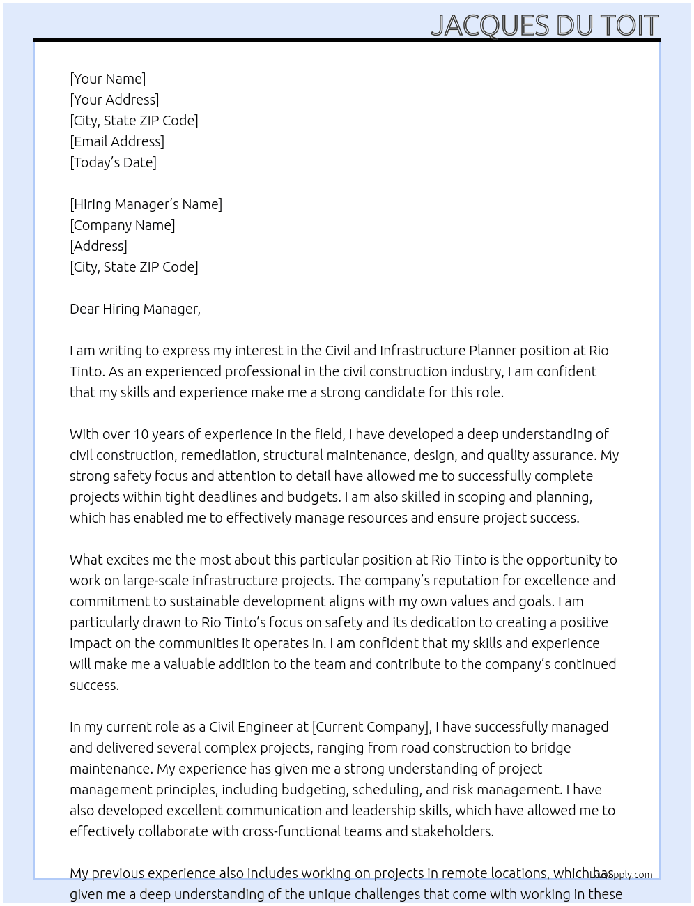 Civil and Infrastructure Planner At Rio Tinto Cover Letter