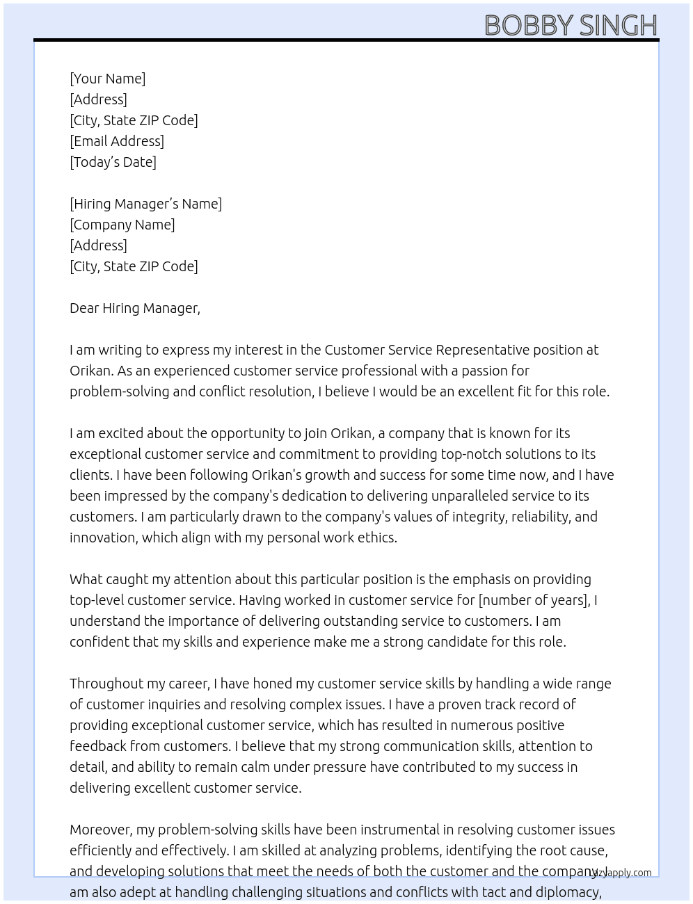 Customer Service Representative At Orikan Cover Letter