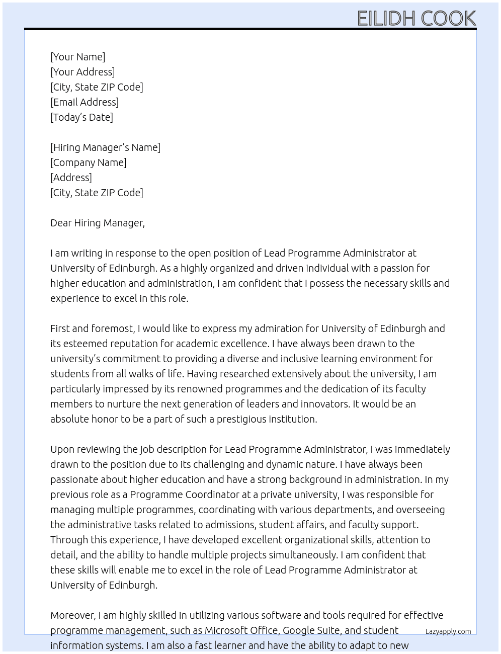Lead Programme Administrator At University of Edinburgh Cover Letter