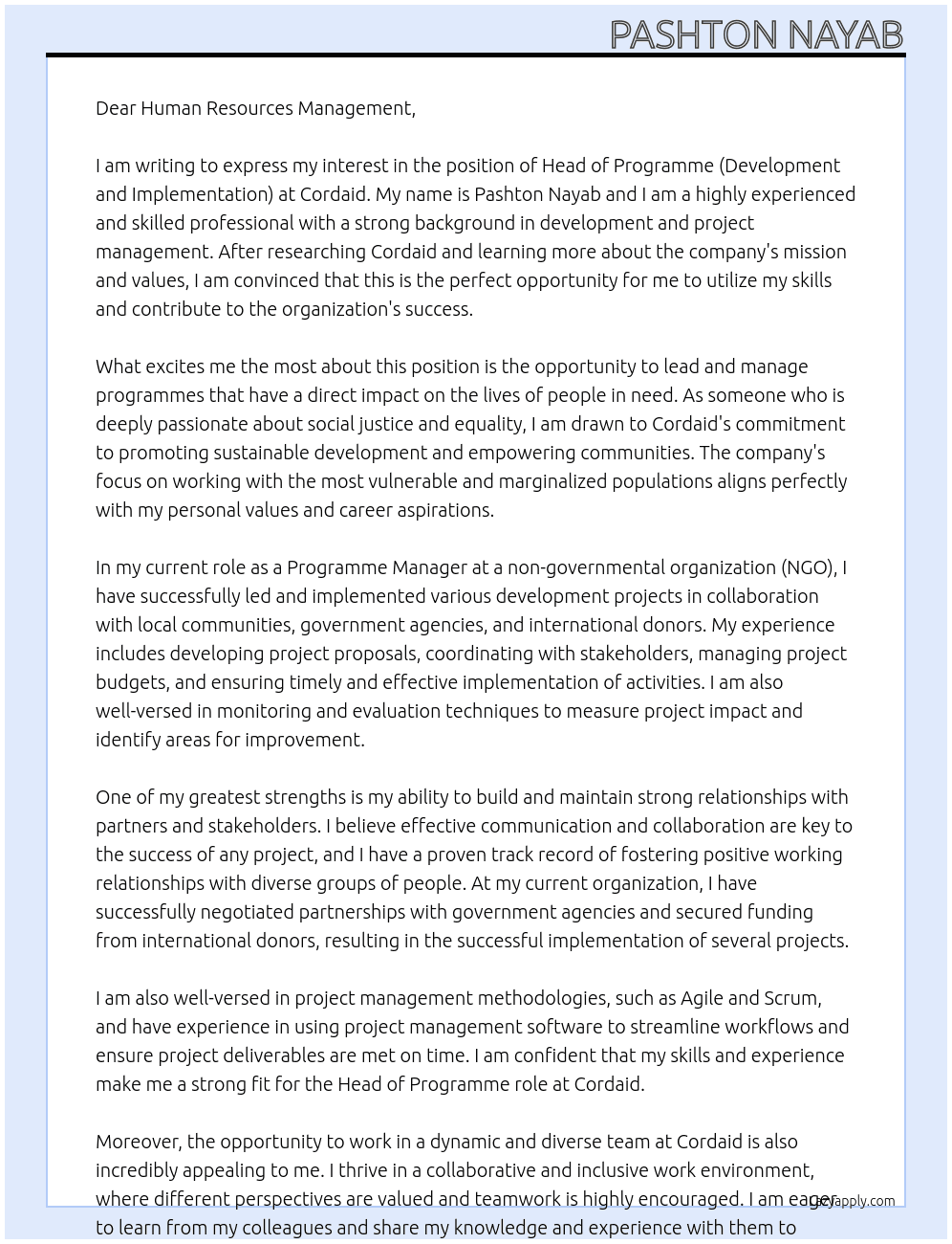 Head of Prorgramme (Development and Implementation) At Cordaid Cover Letter
