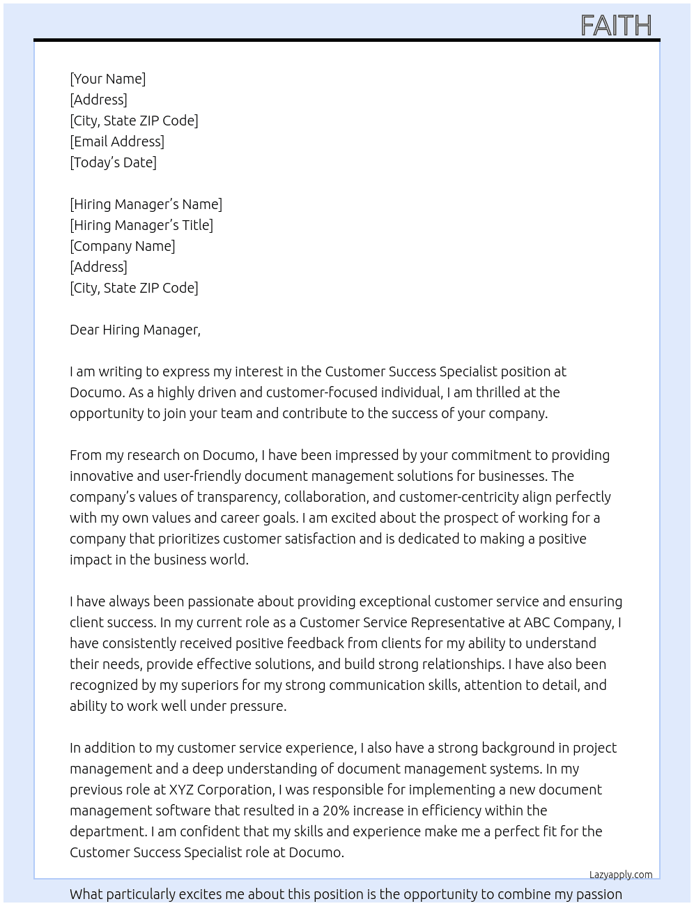 Customer Success Specialist At Documo Cover Letter