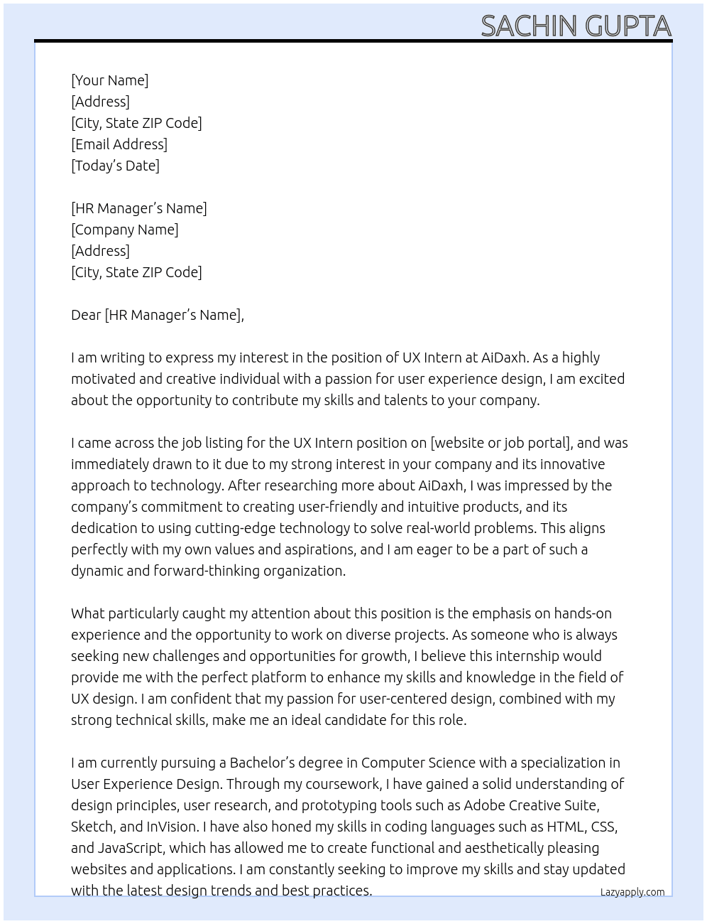 UX Intern At AiDaxh Cover Letter