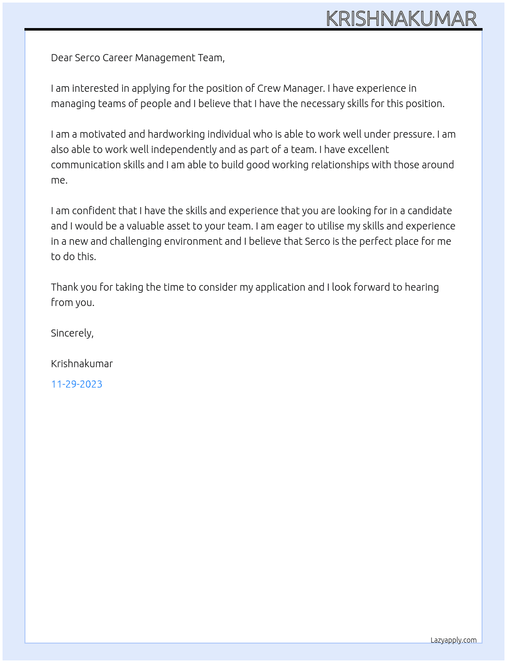 Crew manager  At Serco  Cover Letter