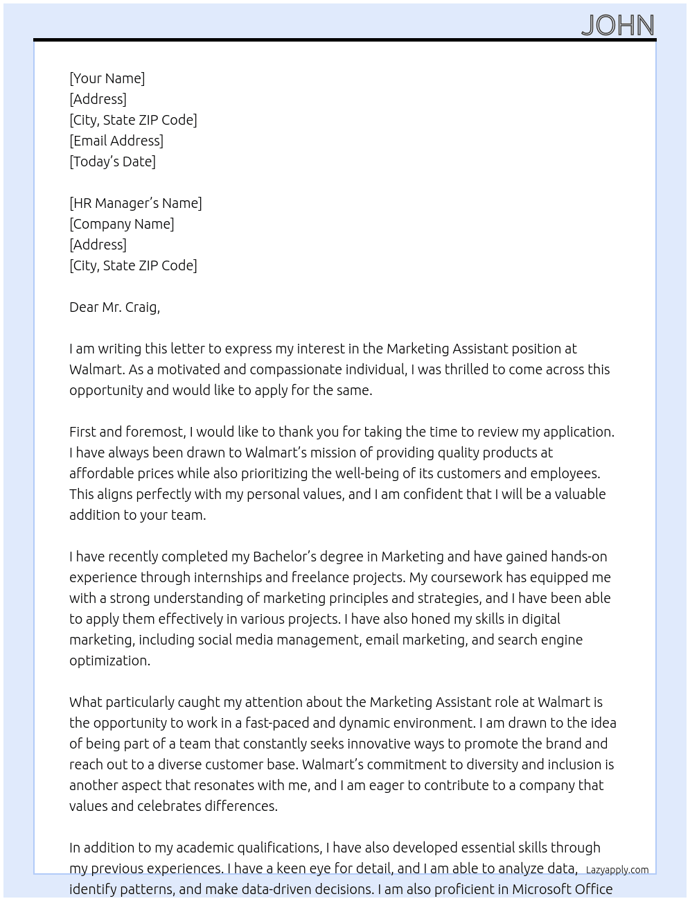 Marketing Assistant  At Walmart Cover Letter