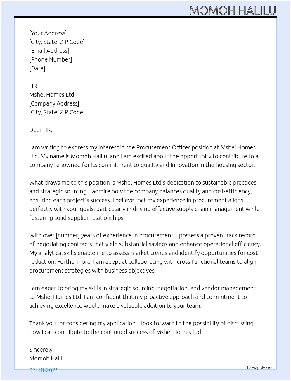 procurement officer At Mshel Homes Ltd Cover Letter