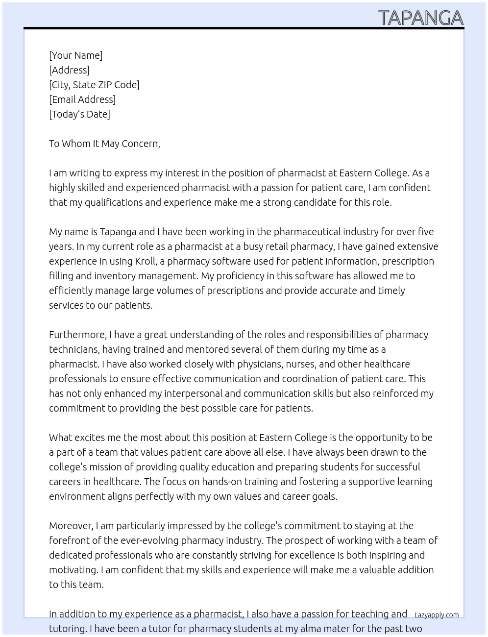 pharmacist At Eastern College Cover Letter