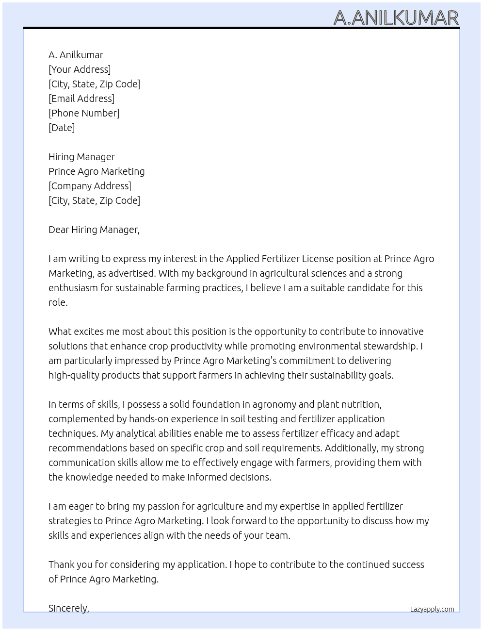 Cover letter for applied fertilizer licence - LazyApply