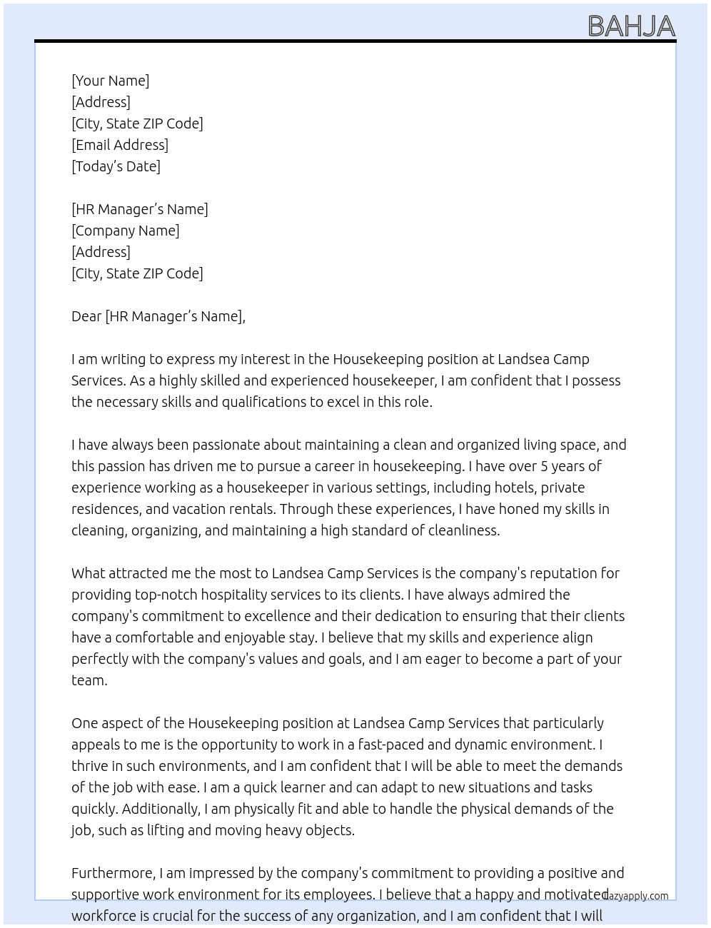 Housekeeping  At Landsea camp services  Cover Letter