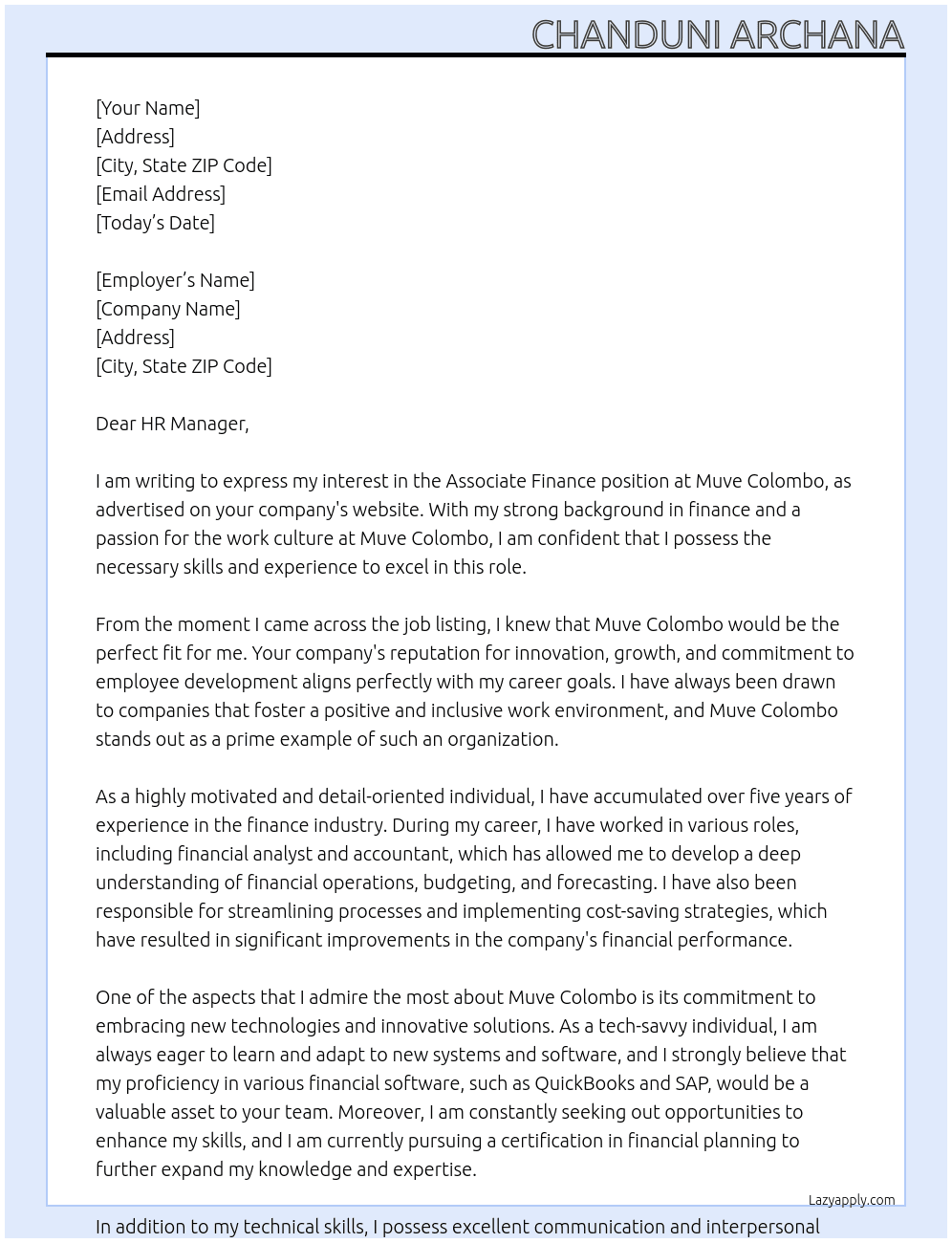 Associate Finance  At Muve Colombo Cover Letter